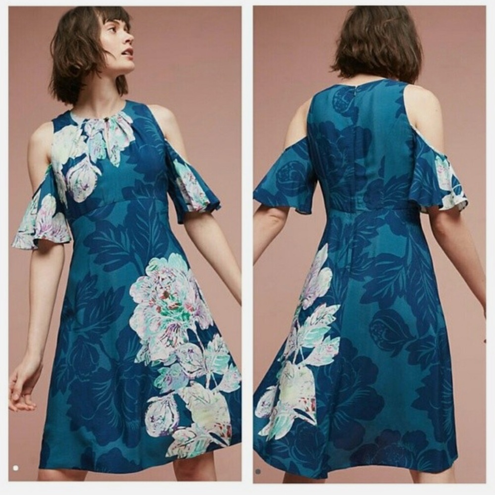 Maeve Anthropologie Elia Cold Open-Shoulder Midi Dress 4 Green Teal Floral NEW